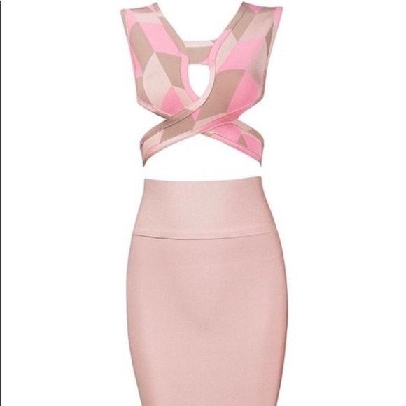 2-piece nude & pink Bandage Dress Set - Picture 1 of 6